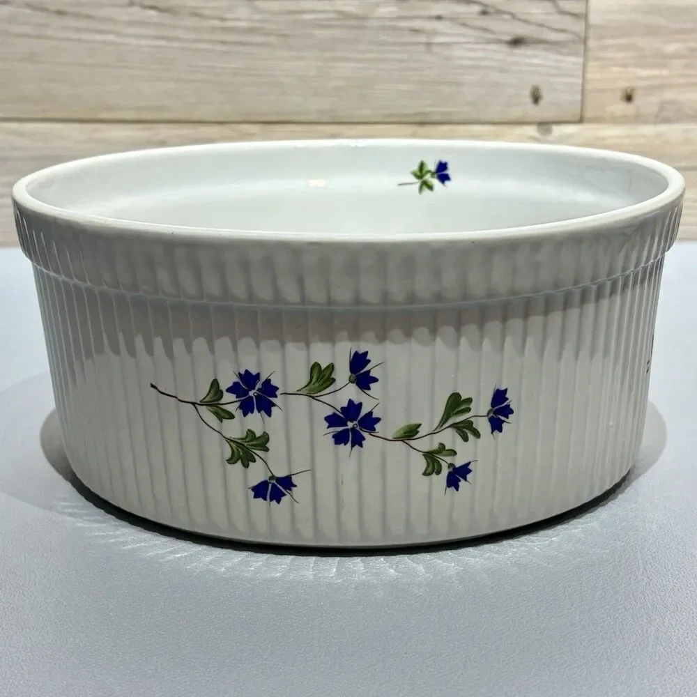 Cordon Bleu BIA 2 Quart Soufflé Dish Casserole Dish Cornflowers Floral Ribbed